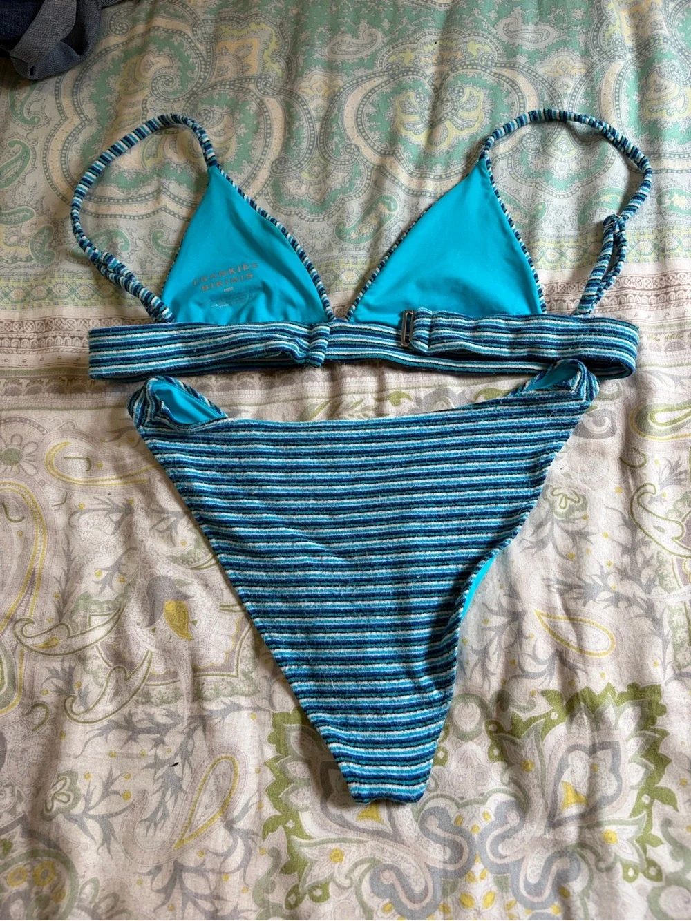 Frankie's Bikinis Teal and Navy Striped Triangle Bikini